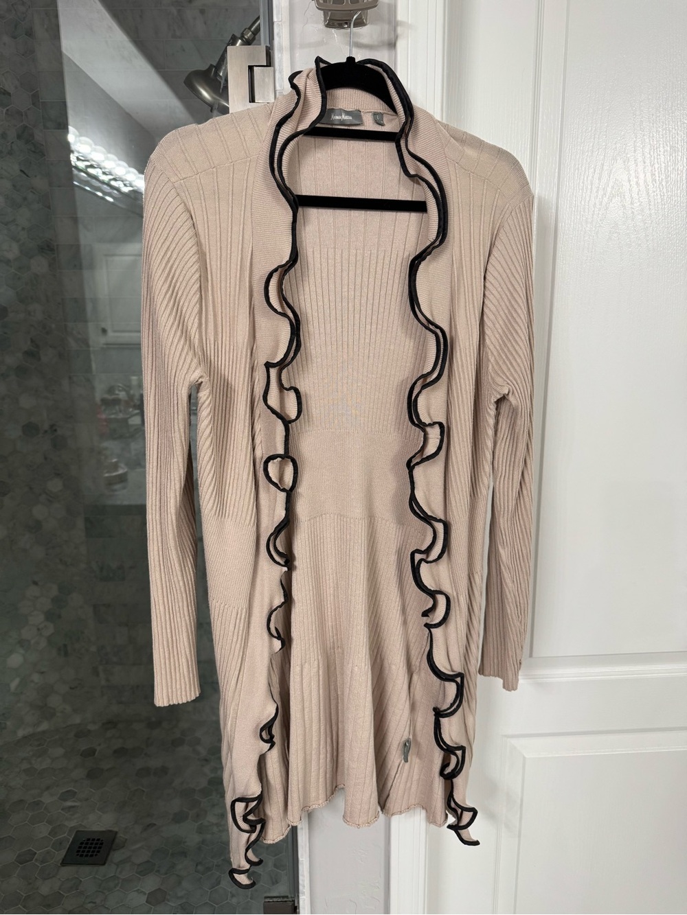 Neiman Marcus Beige Ribbed Ruffle Cardigan Black Trim Size L